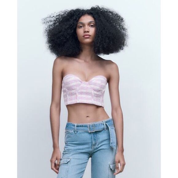 NWT Zara Pink Purple White Plaid Tweed Textured Corset Crop Top, Small - Picture 5 of 15